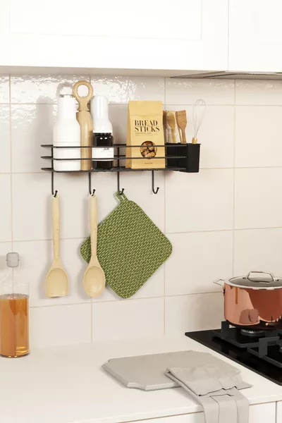 Large Sticky Wall-Mounted Kitchen Shelf Counter Organizer with Hooks