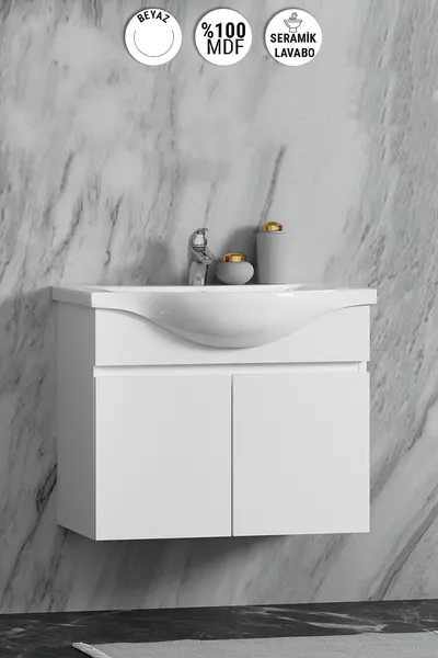 Yıldız cm Wit MDF Hangende Badkameronderkast met Keramische Wastafel