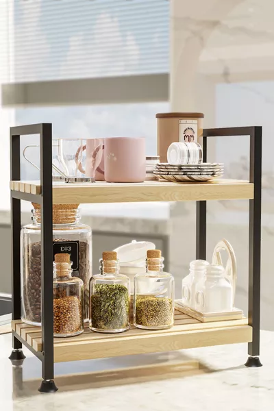 Multi-Purpose Adjustable Kitchen Shelf Wooden Shelf Organizer Kitchen Cabinet Countertop Storage Cabinet