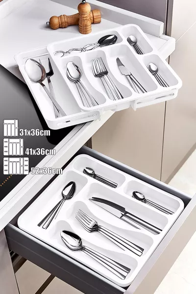Двустранен разтегателен, регулируем органайзер за лъжици и черпаци за чекмедже
