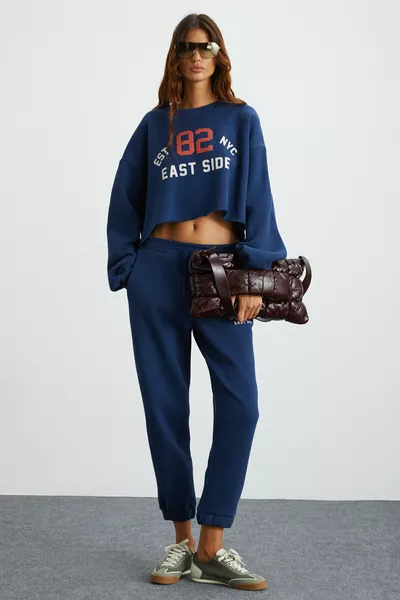 Gloryy Dames Comfort Fit Trainingspak met Drukdetails en Elastische Boorden, Gemaakt van Biologisch Katoen, Donkerblauw