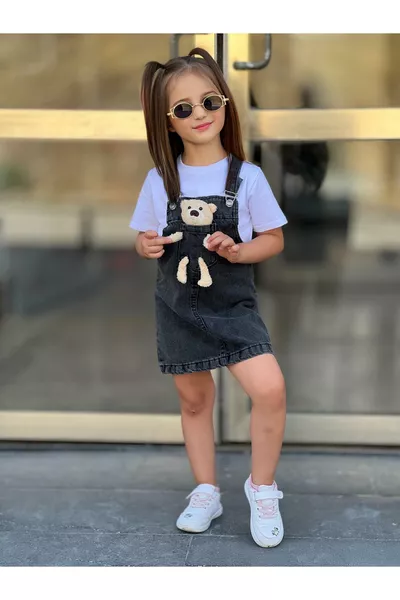 Denim Dress with Adjustable Straps and Teddy Bear Design