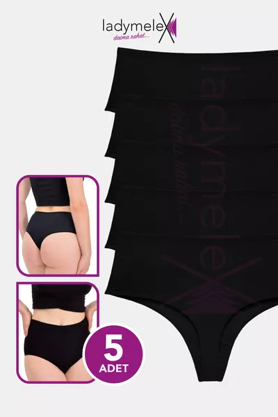 سروال داخلي نسائي تانغا، سروال داخلي قطن تانغا، عبوة 5 قطع (S-M-L-XL) سروال تانغا عالي الخصر، أسود