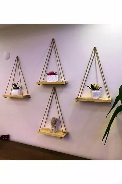 4 Stuks Decoratief Houten Wandplank met Touw, Boekenplank & Bloemenrek, Breedte: 9 cm, Lengte: cm