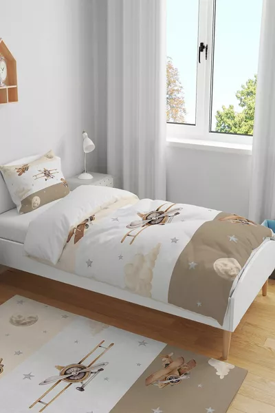 طقم أغلفة سرير أطفال فردي بنقشة الطائرات المخططة