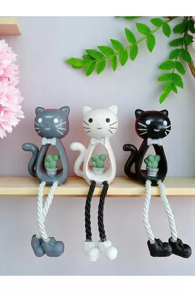 Set of 3 Cat Figurines with Wobbly Feet