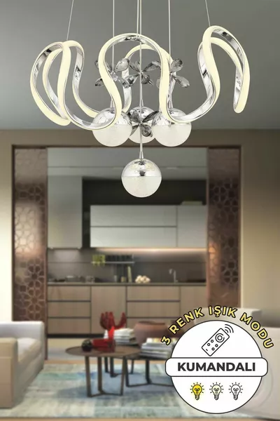 Suspension LED moderne en chrome avec télécommande et éclairage à 3 couleurs, luminaire pour salon