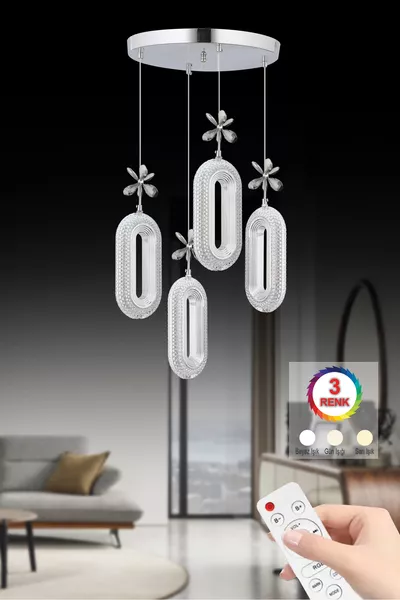Led Alfa 4-Light Silver Modern Chandelier with Crystal Stones, 3-Color LED and Remote Control
