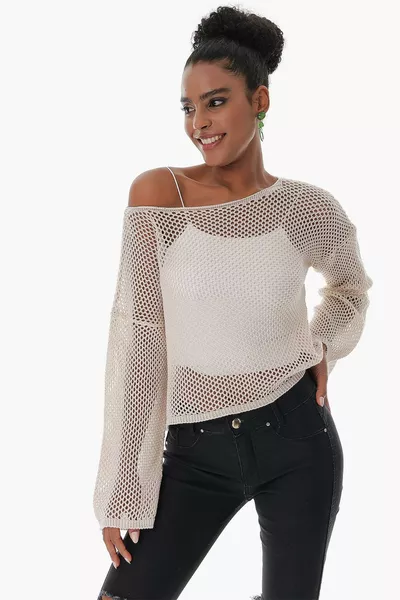 Women's Cotton Mesh Knit Bolero Sweater Beige 