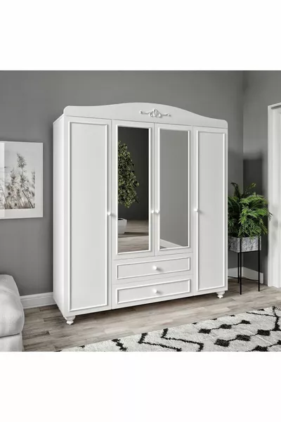 Romantische 4-deurs kast met 2 lades en spiegel (%MDF)