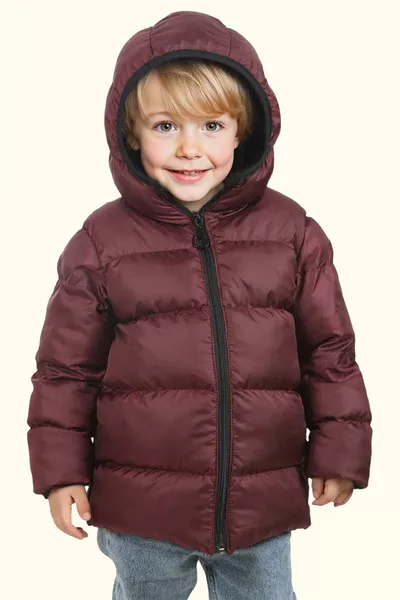 Boys' Maroon Fleece-Lined Hooded Waterproof Windproof Puffer Winter Coat