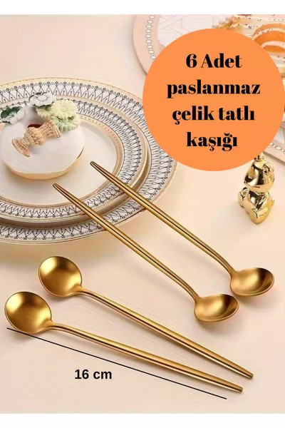 6 броя златни неръждаеми кръгли лъжици за десерт, първо качество, 3 мм