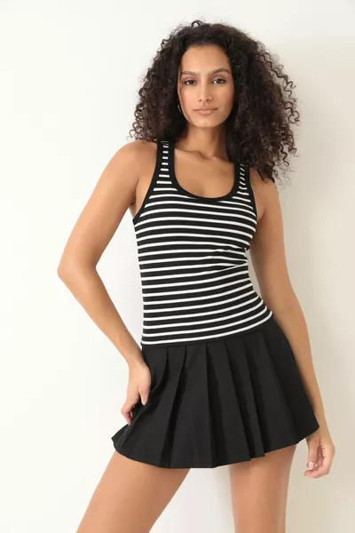 Amida Weiß Gestreiftes, Rippoptik Basic Dick Träger Damen Crop Top- 