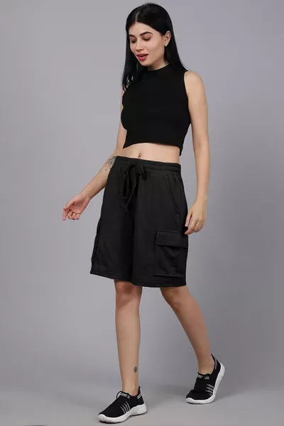 Short femme Bermuda oversize à poches multiples avec ceinture élastique et cordon de serrage (coupe confortable)