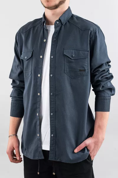 Мужская джинсовая рубашка слим фит темно-синяя