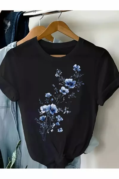 Women's Cotton Jersey Black T-Shirt with Blue Flower Print