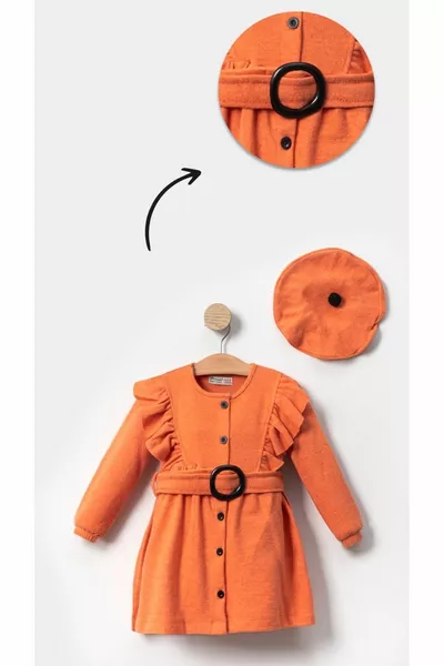 Girls' Orange Long-Sleeve Cotton Dress - With Hat and Belt Detail, Trendy Comfortable Party Dress