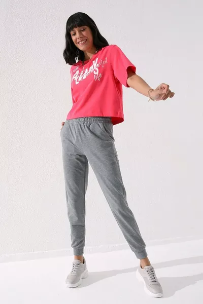 Pantalon de jogging femme gris chiné taille haute, coupe confortable avec poignets - 