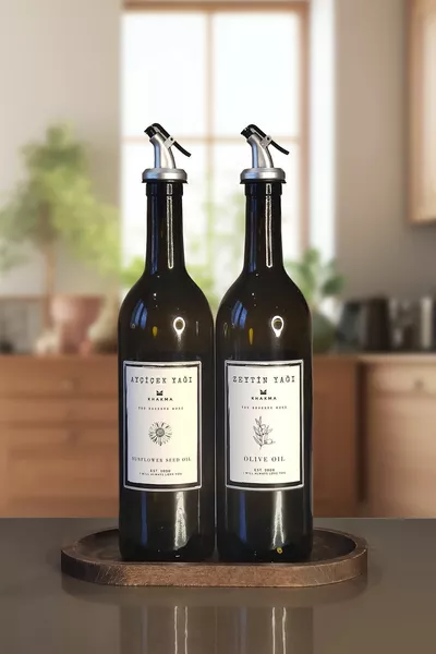 Amber 2-Pack Olive Oil and Cooking Oil Bottles with Wooden Stand - Oil Dispenser