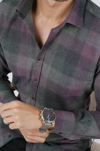 Yeşil Lila Geçişli Slimfit Oduncu Erkek Gömlek