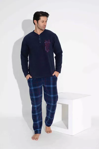 Men's Navy Plaid Pattern Long Sleeve Father-Son Fleece Fabric Winter Warm Pajama Set