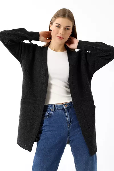 Женский кардиган с кенгуру-карманом антрацитового цвета