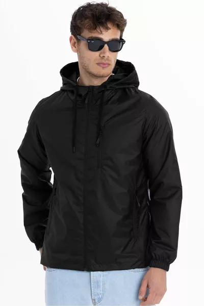 Herren Regenjacke mit Kapuze, Taschen, gefüttert und winddicht