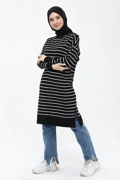 Women's Striped Long Knit Hijab Tunic 