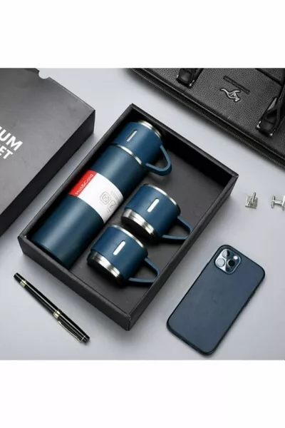 Stainless Steel Thermos Blue Color 3 Cup Thermos Set With Bag Gift