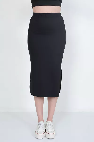 Дамска черна двойна цепка детайлна кадифена дълга пола с дължина миди дължина тясна пола-молив 4seasons