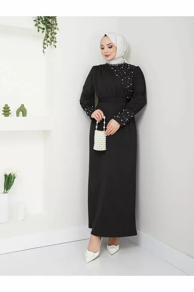 Viskon Kumaş Bol Kalıp Siyah Beyaz Etnik Desenli Tesettür Elbise