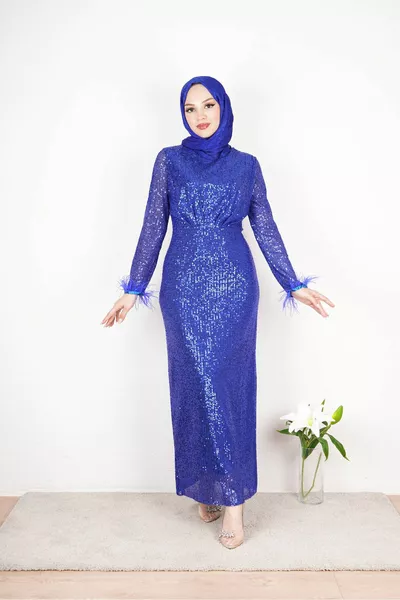 SEQUIN SEQUIN EVENING DRESSES WITH FEATHERED SLEEVES