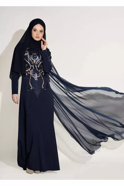 المرأة الأزرق الداكن مطرزة مفصلة كيب مساء اللباس 