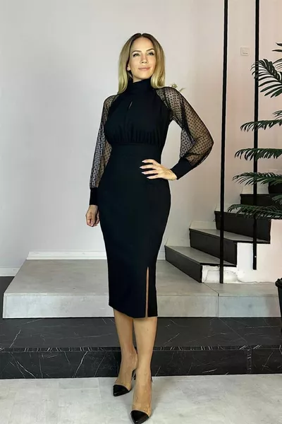  Tule Mouwkraag met stippen en Gedetailleerde kokerjurk Zwart