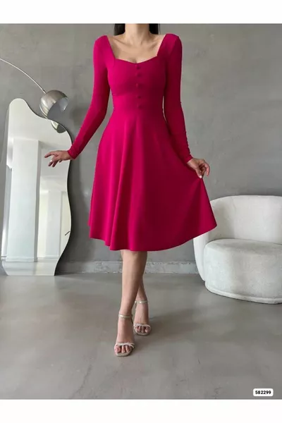 قلب طوق كم طويل زر تصميم ميدي طول مساء اللباس