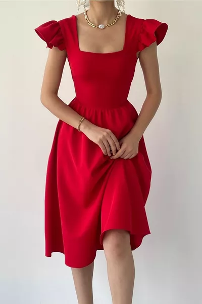 أطلس نسيج الأكمام مفصلة مربع الرقبة ميدي طول مساء اللباس الأحمر الخطوبة اللباس 