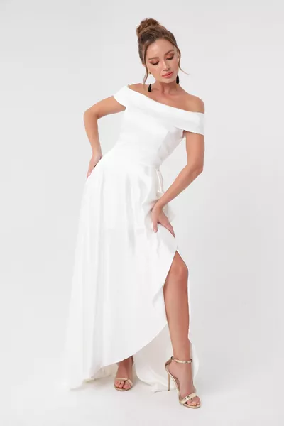 المرأة الأبيض قارب الرقبة الساتان مساء اللباس والتخرج اللباس