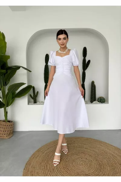 Buttoned Poplin Midi Length Dress