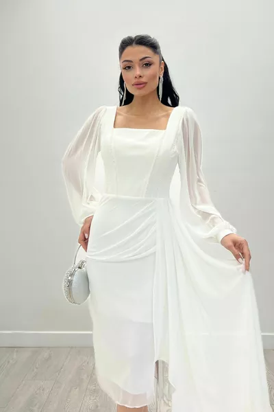 أطلس نسيج حبة مفصلة الشيفون الأكمام قلم رصاص اللباس - أبيض