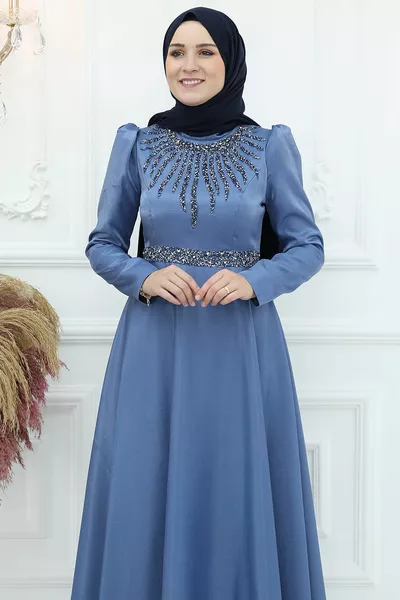 Beren Abito da Sera in Raso Indaco