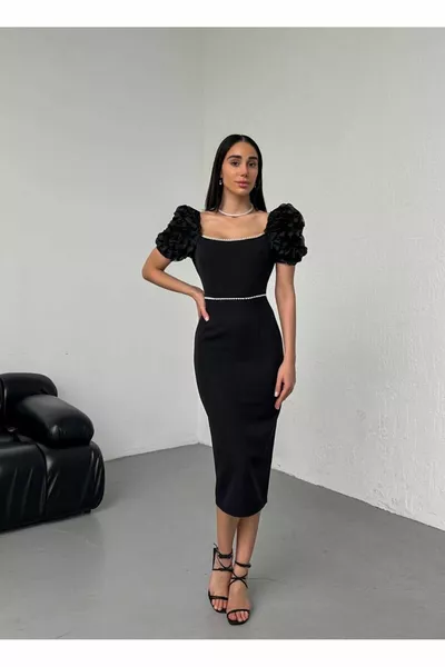 Pearl Square Neck Black Midi Length Dress with Shoulder Detail