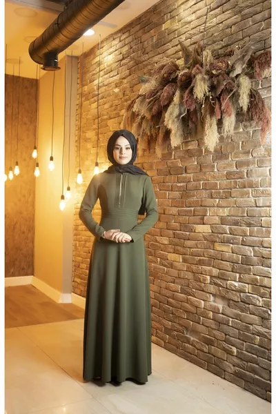 Ribbed Middle Stone Detailed Khaki Hijab Evening Dress
