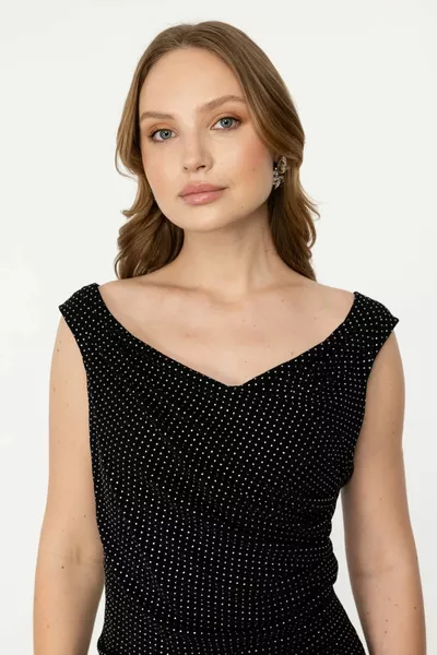 Women's Glitter Polka Dot Drawstring Evening Dress  Black