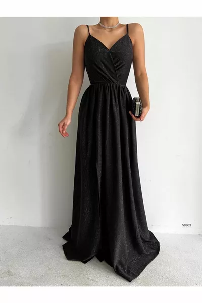 Двуреден яка блясък дизайн цепка вечерна рокля сватба годеж дипломирането рокля