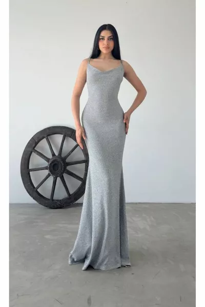 Abito da sera grigio Degaje collare pesce modello maxi lunghezza con cinturino lungo glitter da donna