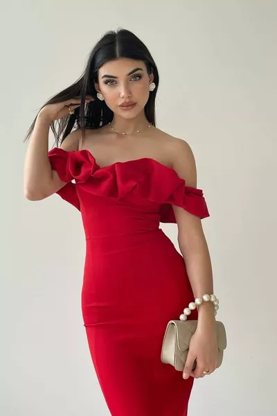 المرأة حمالة خط العنق انخفض الكتف وشق تصميم ميدي قلم رصاص أحمر مساء اللباس 