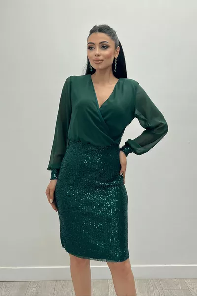 فستان بالترتر مع بلوزة شيفون - أخضر زمردي