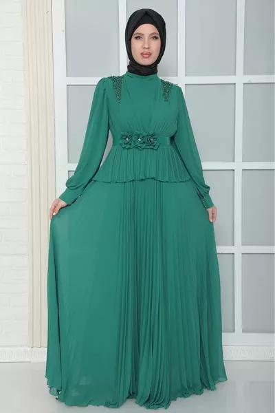 فستان سهرة محجب بطيات مع كتف وحزام -Green