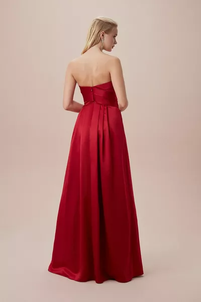 Red Strapless Draped Satin Long Evening Dresses