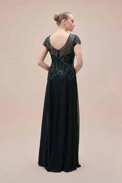 الأخضر الشيفون قصيرة الأكمام تول فستان مفصل